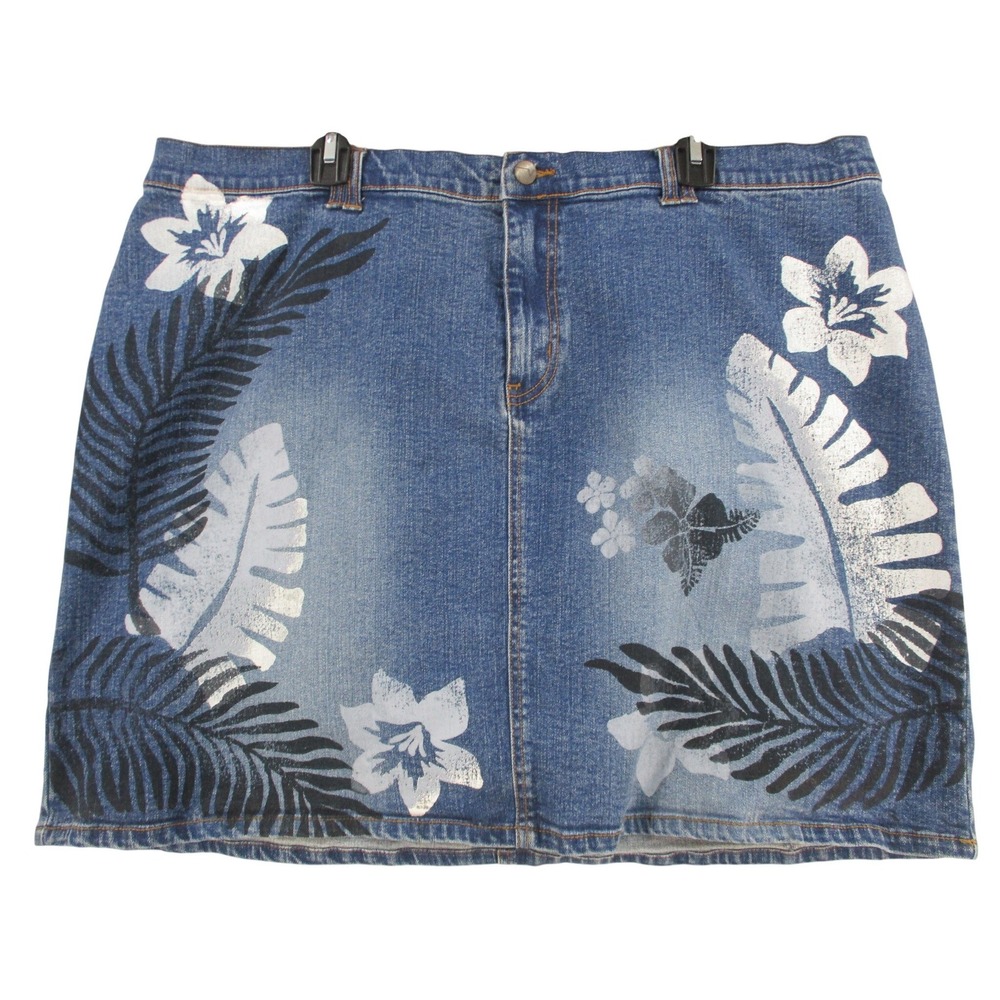 Venezia Womens Plus Size 24 Blue Denim Tropical Floral Palm Leaf Mini Skirt 6555